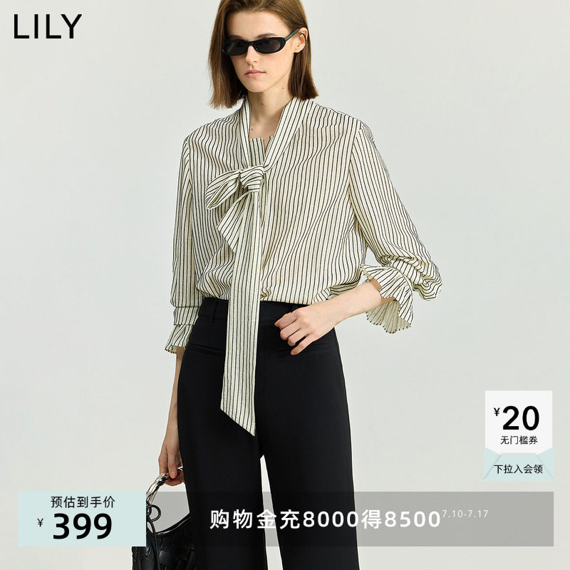 LILY2025秋新款女装含亚麻细条纹飘带领正肩休闲通勤长袖衬衫外套,女装/女士精品,衬衫,淘宝优惠券,粉丝福利购,淘宝优惠卷