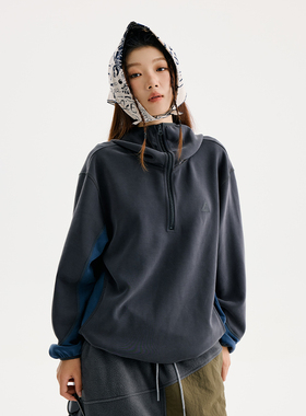 BuPaiDui 廓形空气层拉链连帽运动卫衣女秋冬款复古撞色套头外套