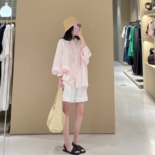 慵懒松弛老钱 炒美定染浅粉 极简亚麻衬衫 可作防晒外套 100亚麻