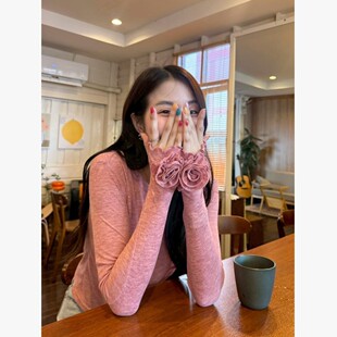 26早春款！山茶花绽放~炒美混色粉~设计感天丝羊毛指孔长袖打底衫