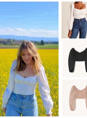 断码清~纯甄！法式泡泡袖~拼接材质~ref法风泡泡袖短上衣top