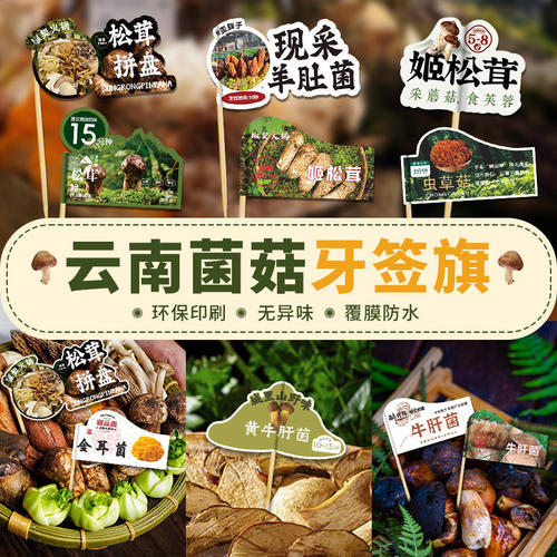 菌菇牙签小插旗定制云南菌子火锅菜品装饰竹签旗菜名介绍旗标签牌