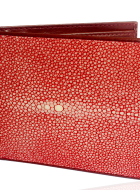 ROTA正品泰国珍珠鱼皮钱包男女士二折短款真皮红色钱夹全磨珠皮包