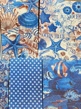junk journal蓝色海洋生物海浪扎包背景纸手帐拼贴装饰摆拍素材