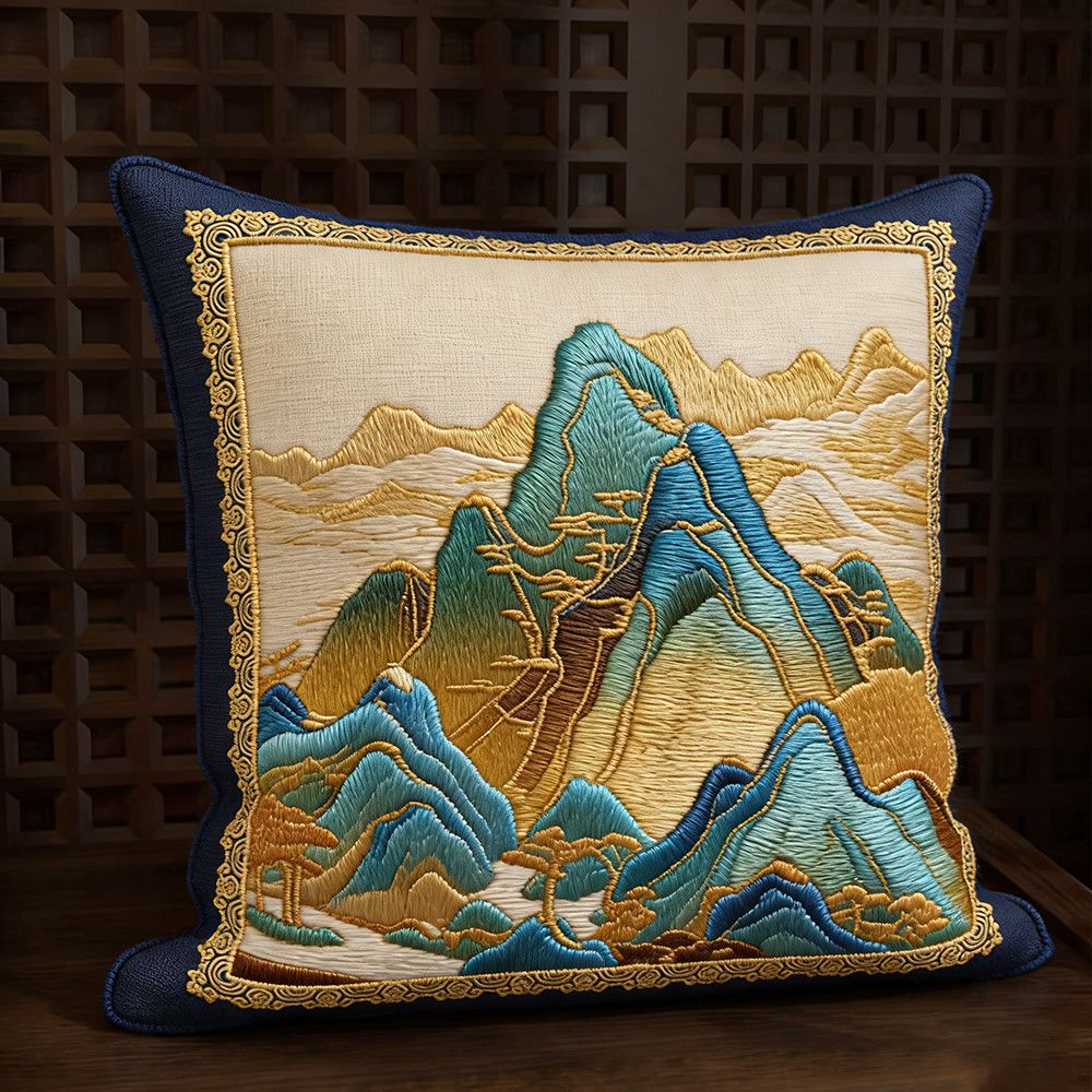 中式靠山靠垫印花抱枕客厅沙发轻奢高级感千里江山图靠枕新款靠垫