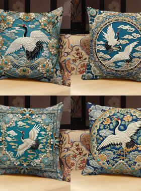 中式复古仙鹤抱枕3d印花轻奢枕头靠垫正方形民族风抱枕靠垫可拆洗