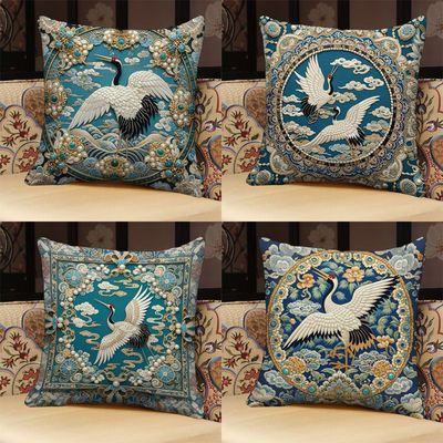 中式复古仙鹤抱枕3d印花轻奢枕头靠垫正方形民族风抱枕靠垫可拆洗