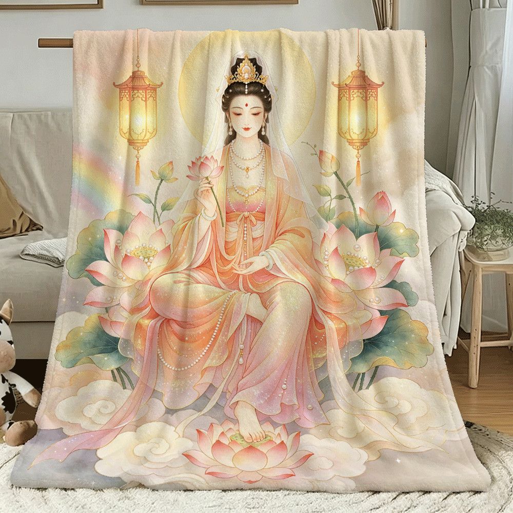 新中式观音佛祖莲花祈福毛毯家用沙发轻薄盖毯外贸治愈祥云空调毯