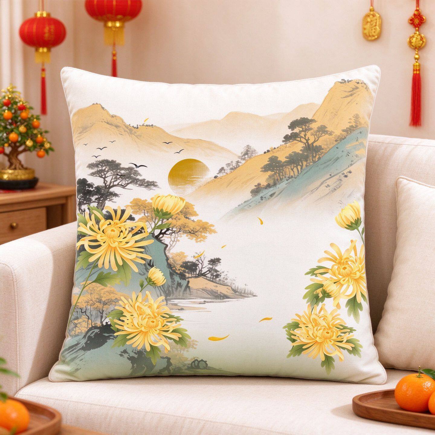 重阳节山水菊花抱枕枕套新中式国画秋景客厅沙发雅致装饰布艺靠枕