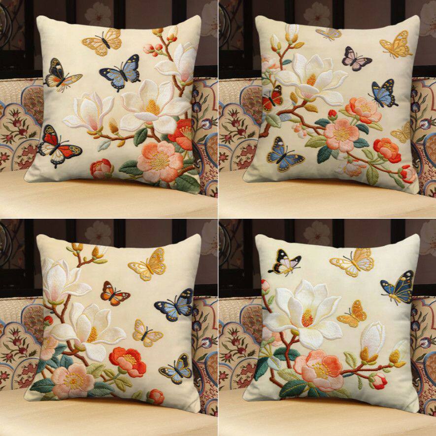 新中式蝶恋花影系列抱枕平面印花短毛绒办公室沙发样板间茶室靠枕