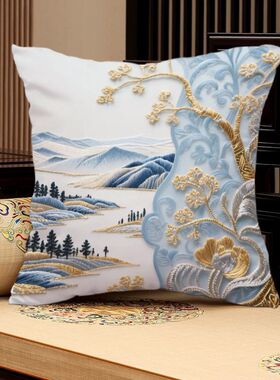 新中式水蓝色山水靠垫抱枕优雅平面印花抱枕客厅沙发靠枕新款靠垫