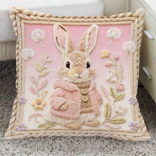 可爱小兔子治愈印花抱枕爆款 正方形沙发飘窗摆件靠垫床头腰枕含芯