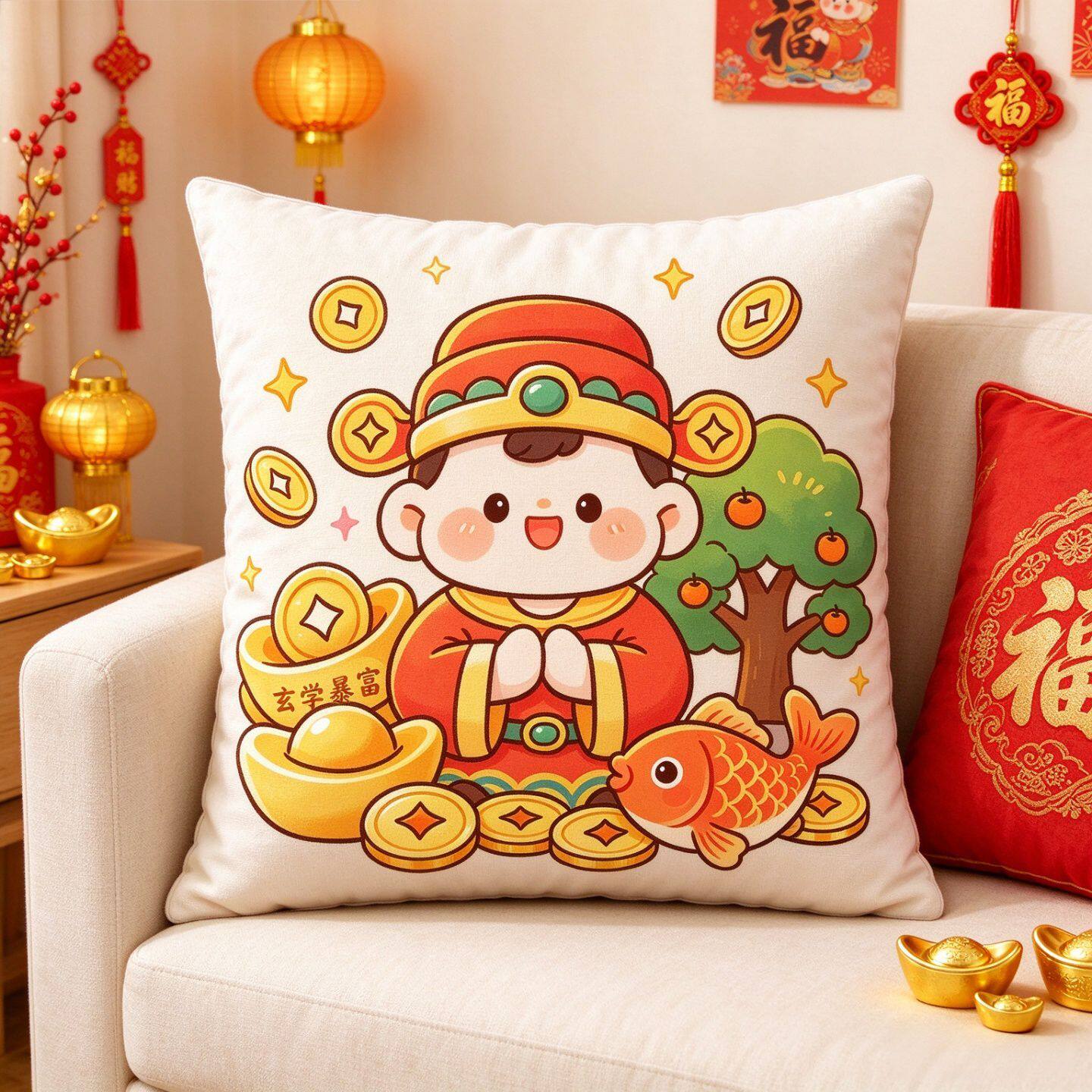卡通财神抱枕枕套新年客厅沙发靠垫暴富锦鲤喜庆家居装饰靠背靠枕