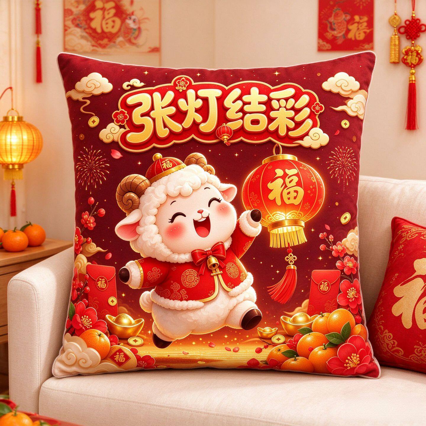 2027新年卡通福羊抱枕套张灯结彩红底福灯笼橘子祥云沙发吉祥靠垫