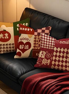 美拉德复古喜庆抱枕国潮轻奢高级拼接发财靠枕平安喜乐沙发靠垫