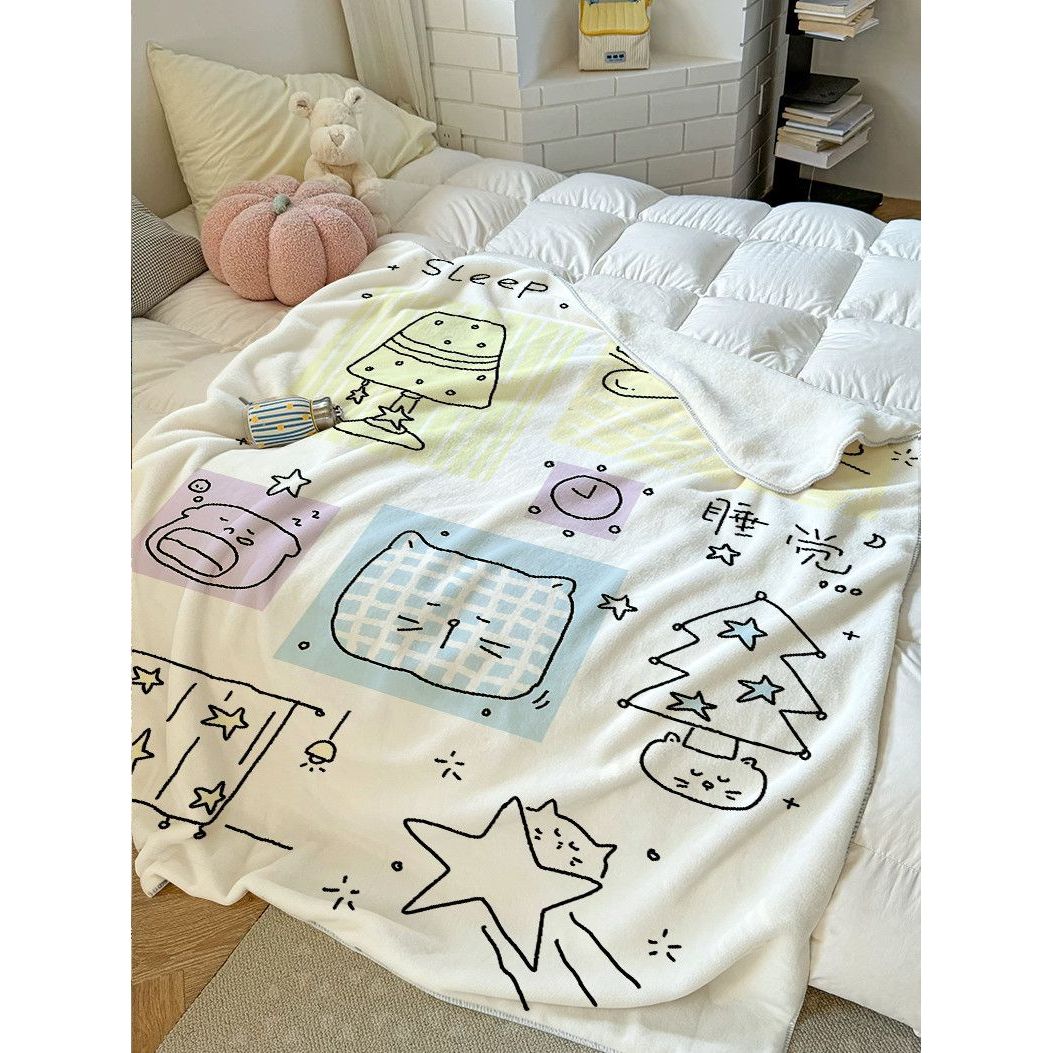 ins风可爱插画风法兰绒毛毯房间空调毯四季午休毯床上柔软小毯子