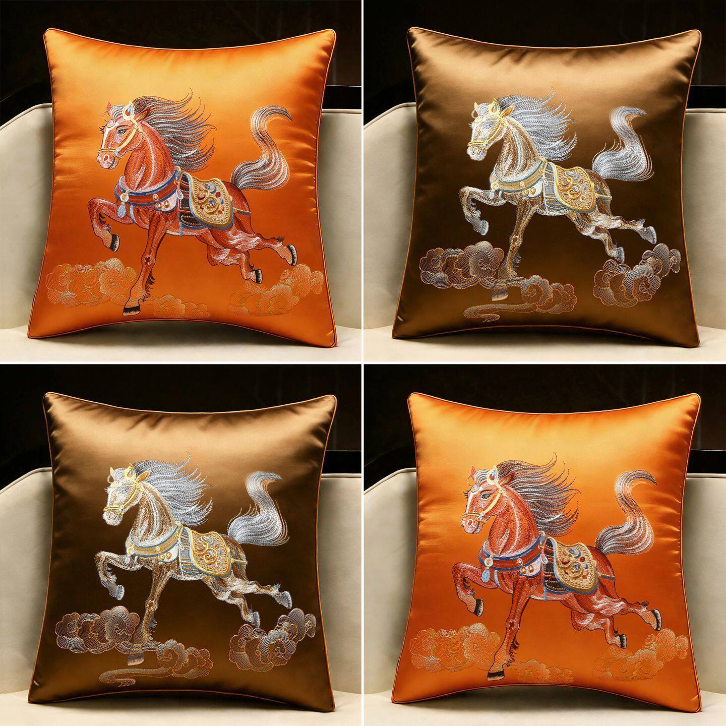 新中式抱枕金马奔腾沙发靠垫后背大号沙发靠垫中国风靠枕腰枕含芯