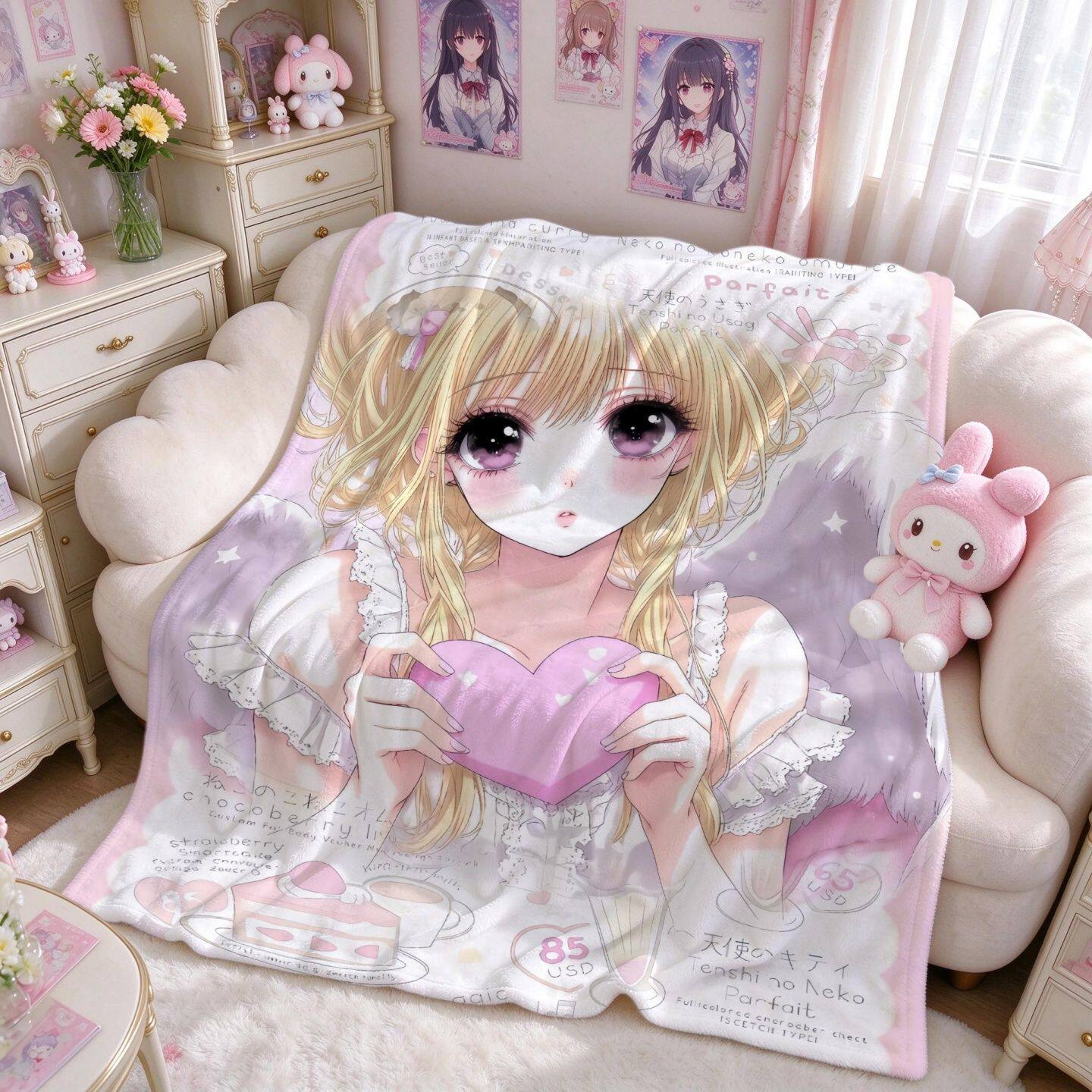 古早漫画风少女法兰绒小毯子粉色软妹卧室沙发盖毯卡通午休毛毯