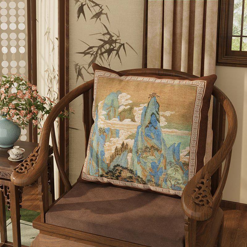 新中式山水抱枕国风复古靠山抱枕客厅沙发靠枕靠垫抱枕芯正方形