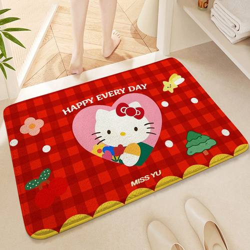 卡通凯蒂猫仿羊绒地垫新年入户地毯春节毛绒地垫喜庆浴室吸水脚垫