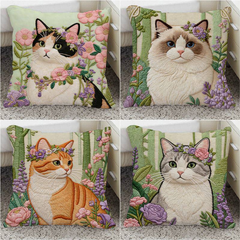 森系猫猫花卉抱枕小清新可爱哈吉米平面印花沙发腰垫靠背摆件枕头