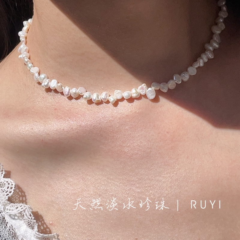 RUYI轻奢高级感不规则异形巴洛克天然淡水珍珠碎银子项链锁骨链女