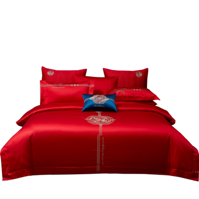 长相知家纺婚庆60s长绒棉刺绣四件套结婚用大红色床上用品