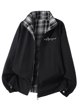 美式立领格子外套宽松百搭手绘花体字外套