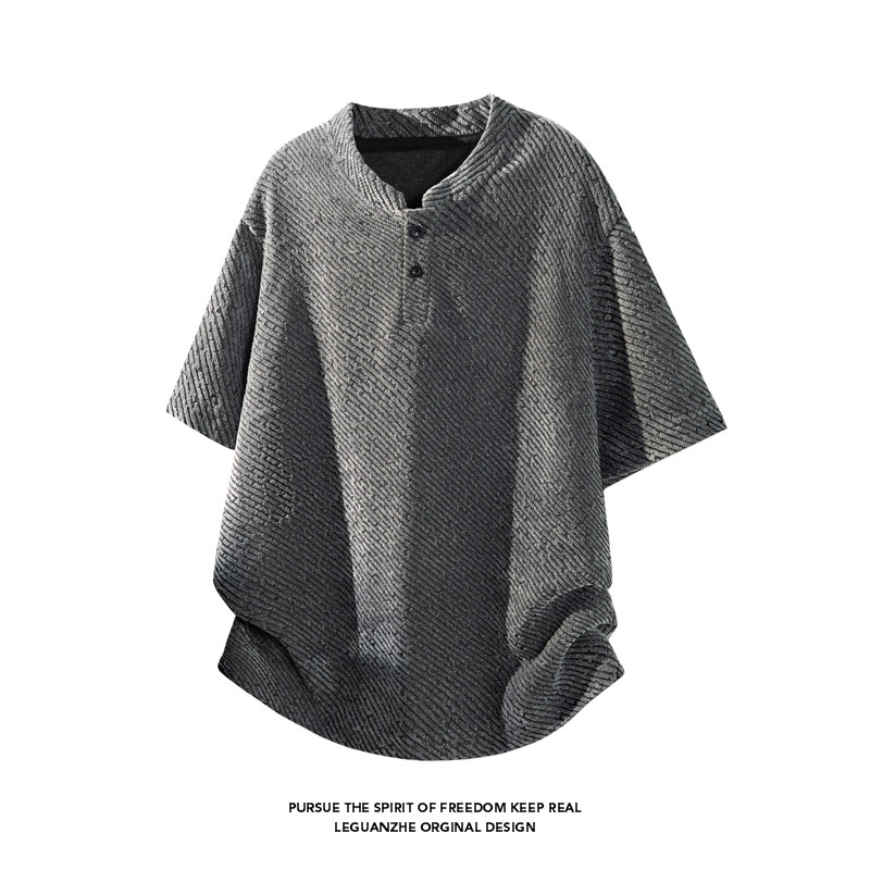 港风立领短袖T恤男宽松百搭亨利衫灰色大码体恤衫