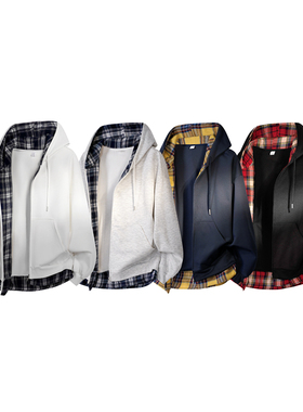 纯色格子假两件拉链连帽卫衣