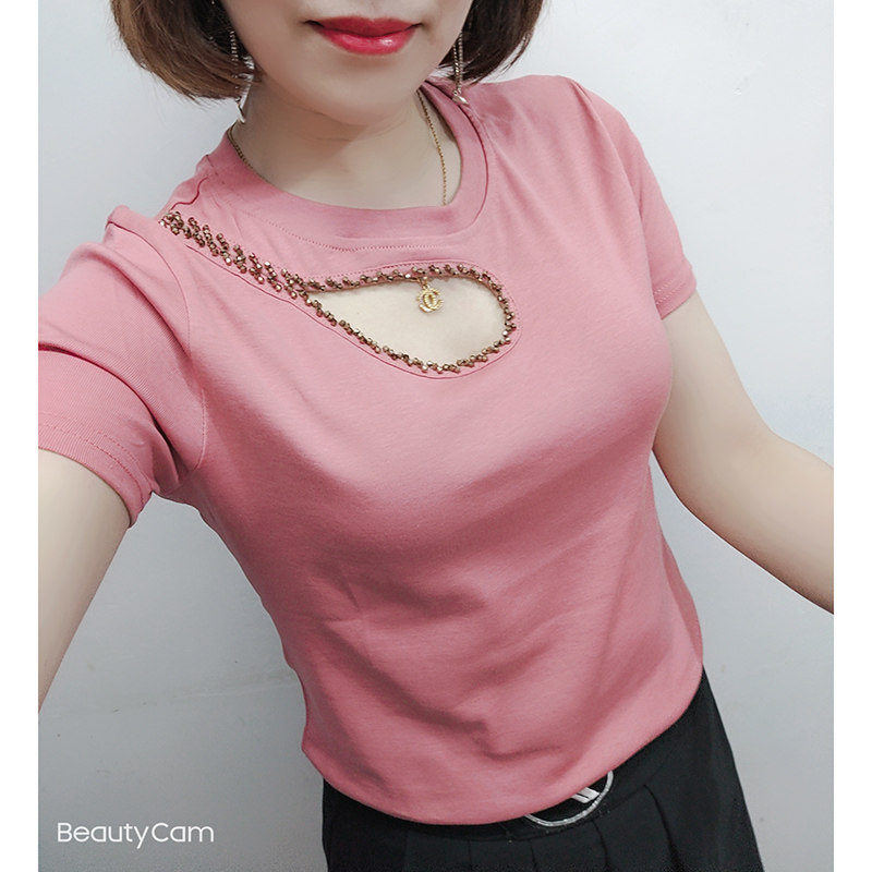 欧洲站性感镂空短袖T恤女洋气百搭上衣2024夏新款半袖钉珠体血潮
