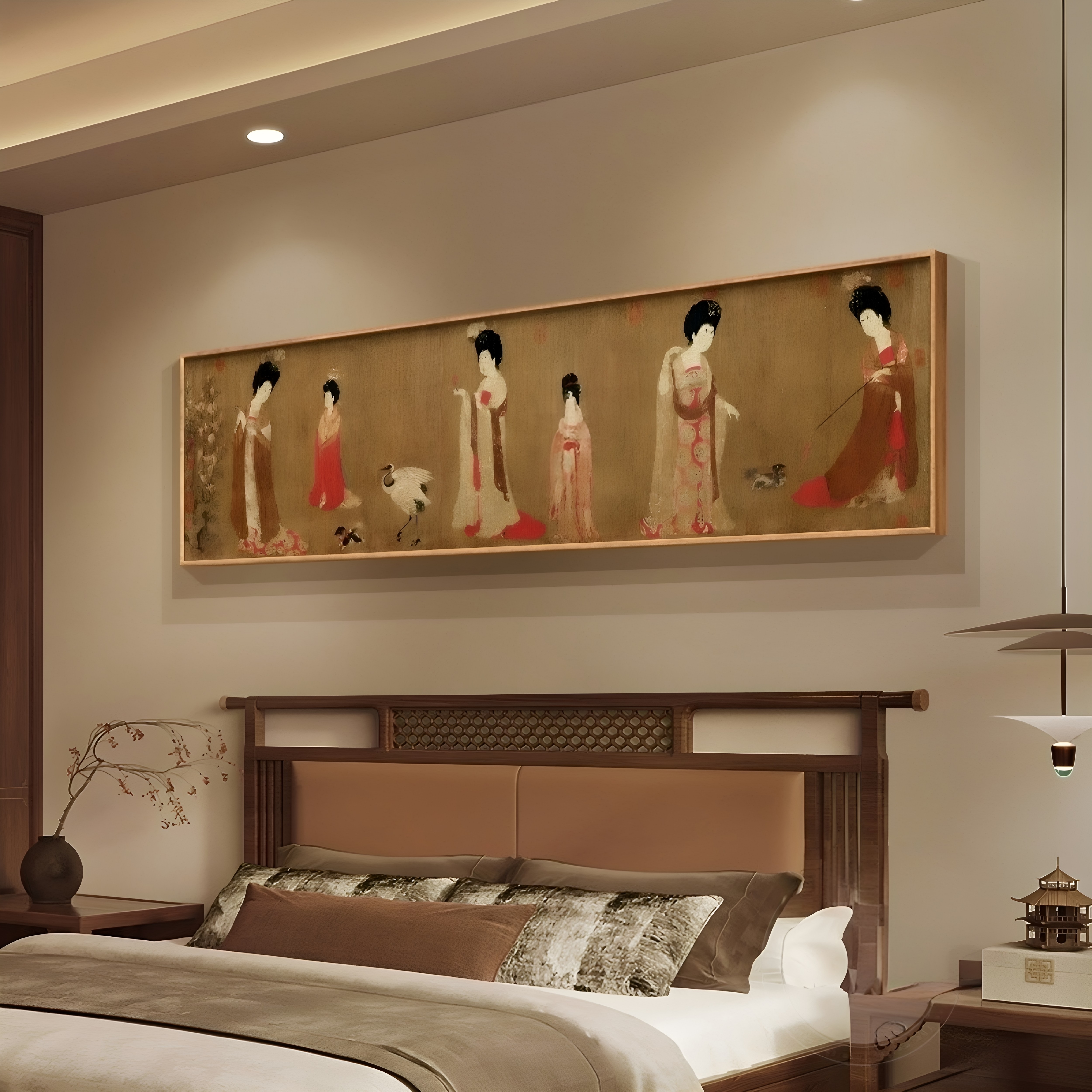 簪花仕女图新中式茶室挂画唐代国画客厅装饰画古画卧室床头壁横画