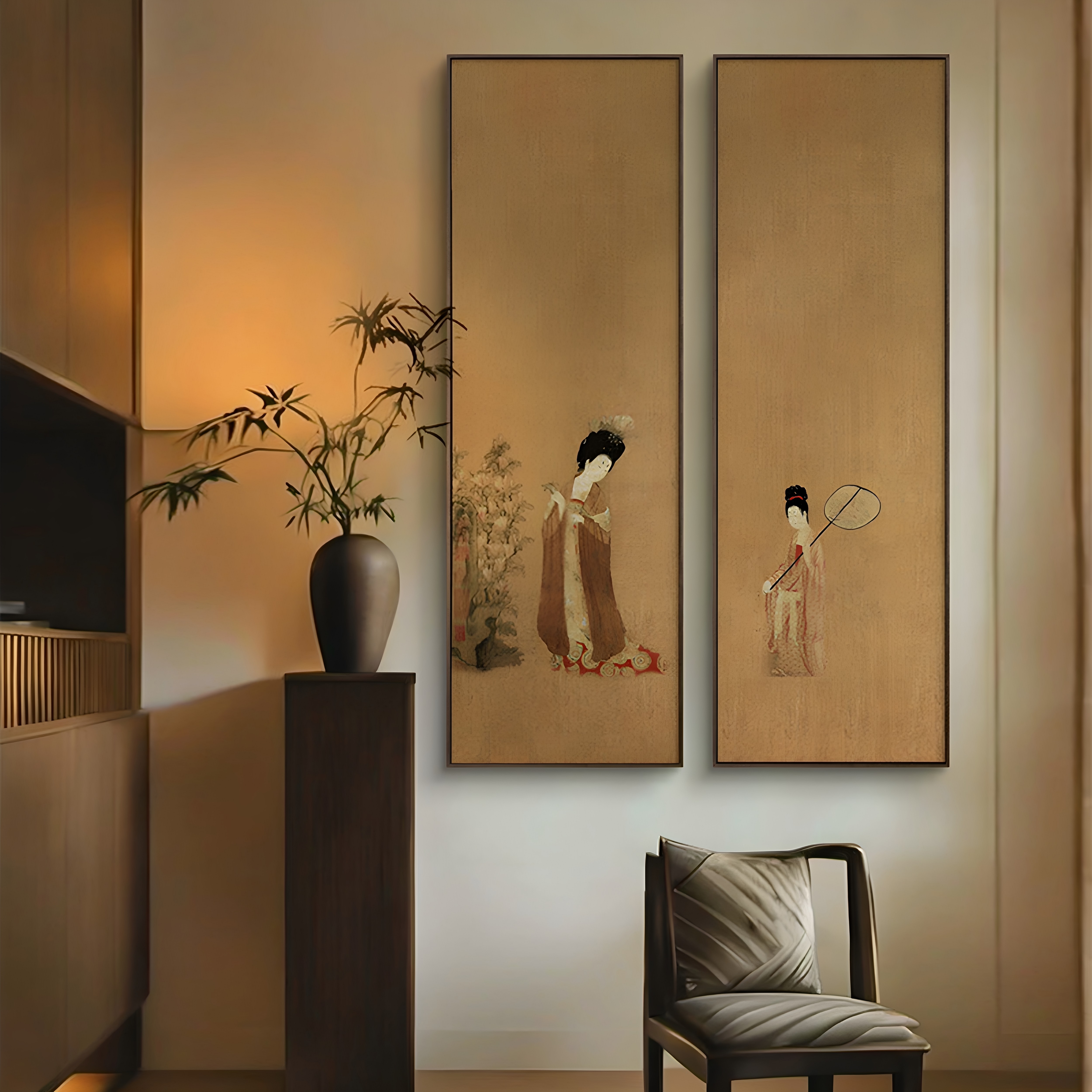 簪花仕女图茶室装饰画唐代美学中式客厅壁画酒店大堂挂画六联