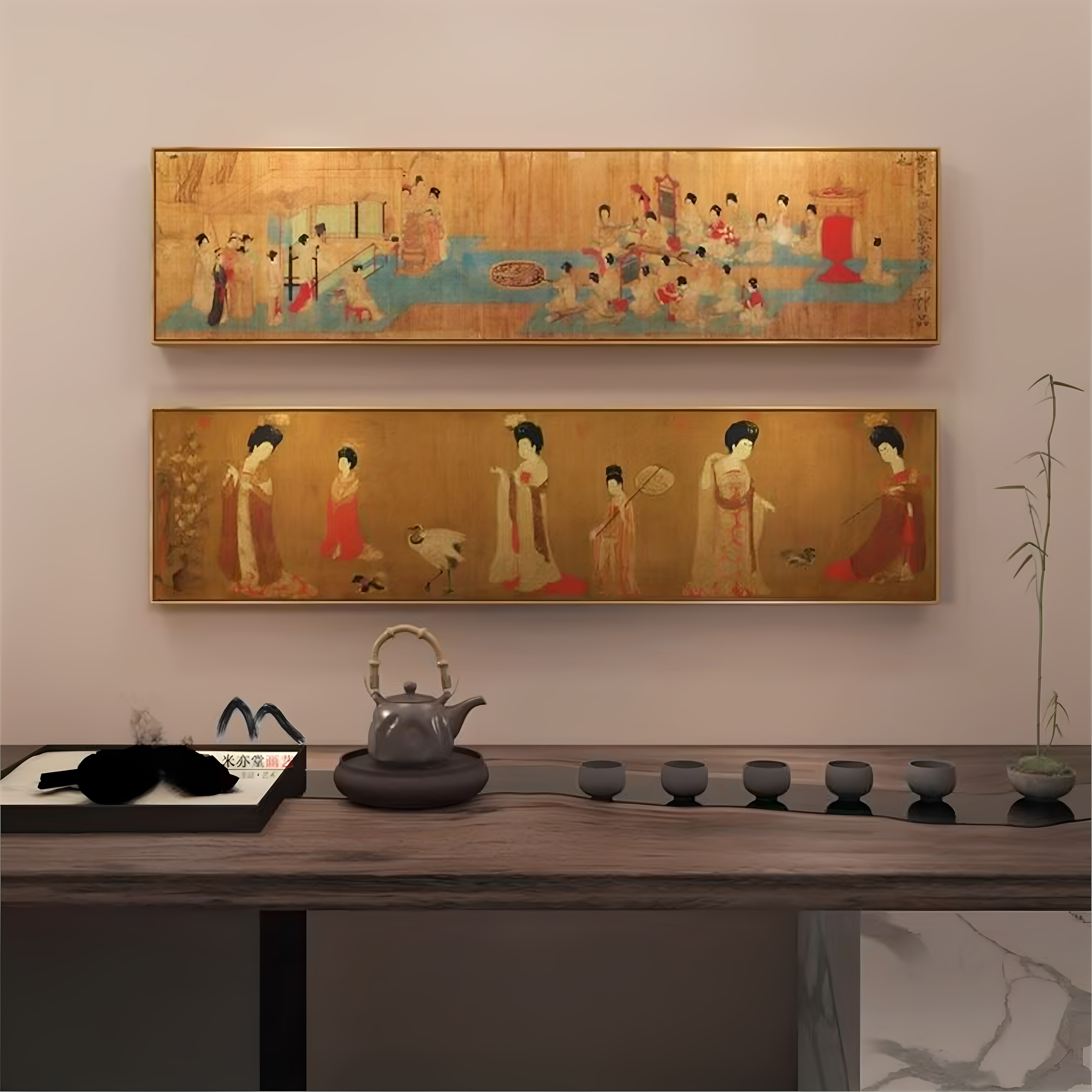 簪花仕女图挂画新中式唐代古风横幅装饰画客厅餐厅卧室床头挂画