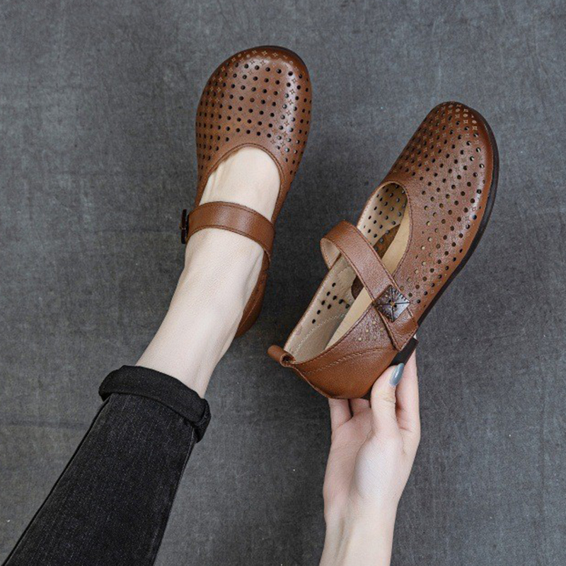 头层牛皮复古洞洞鞋女单鞋妈妈鞋