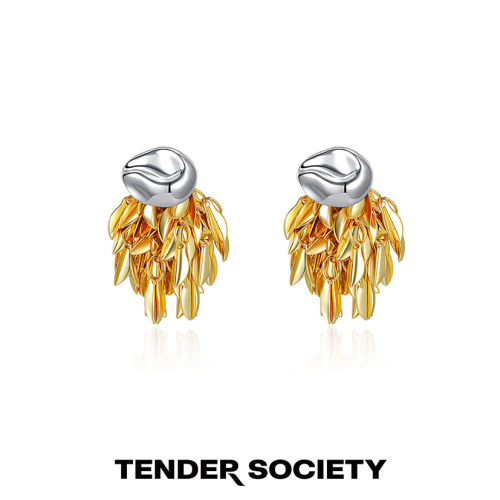 Tender Society醉舟系列金银双色流苏叶耳环一款两戴小众设计师款