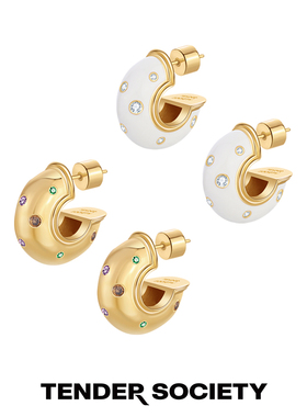 Tender Society Lempicka系列金色白色珐琅镶锆耳圈耳环轻奢高级