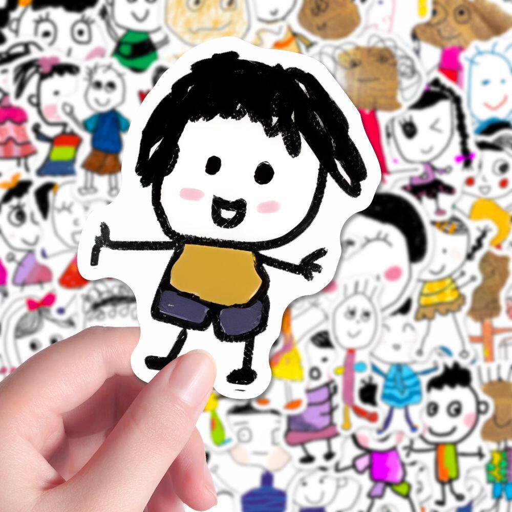160张幼儿表征图画贴纸可爱治愈手绘小人DIY手机壳平板防水贴画纸