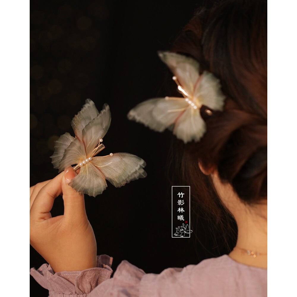 蝴蝶发夹女夏季 发饰森系 仙美侧边夹子边夹绢纱超仙头饰汉服宋制