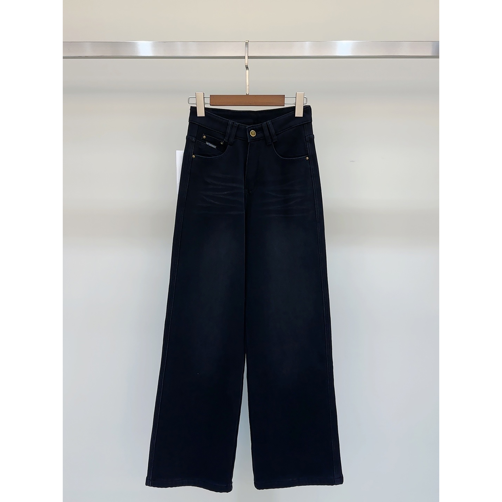 女款加绒加厚高腰阔腿直筒牛仔裤—黑色—8859