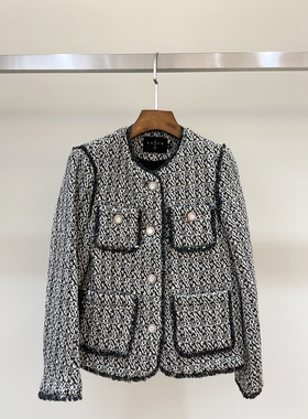 轻奢小香风外套重工流苏绵羊毛外套—黑金色—8878