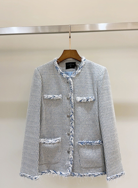 轻奢小香风外套拼色麻花外套—蓝色—10047