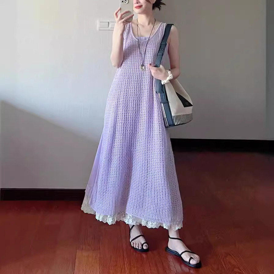 裙子女夏季2026新套装海边度假沙滩紫色吊带连衣裙夏装搭配一整套