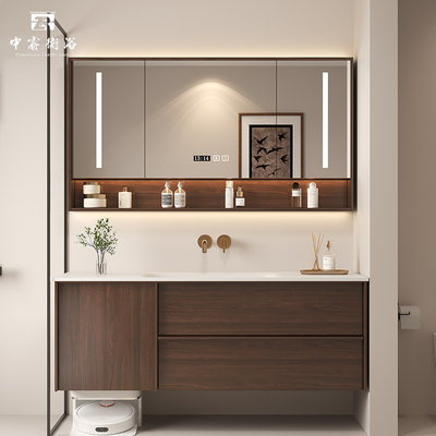 中古原木风骨格线可丽耐岩板热弯无缝一体盆浴室柜组合洗手台定制