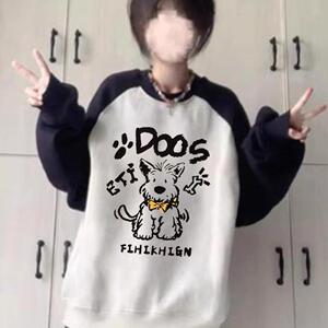 美式学院插肩小狗卫衣女秋冬加绒加厚2024爆款宽松内搭长袖上衣服