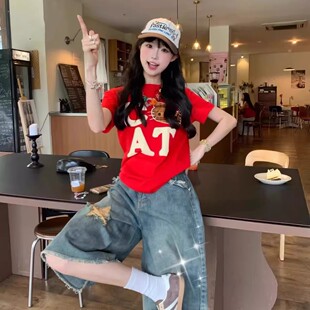 美式复古卡通HelloKitty印花短袖正肩T恤女夏季修身显瘦红色上衣