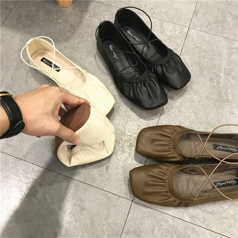 RUFFLED GRANNY SHOES WOMENS VERSATILE VINTAGE SOFT-SOLED SQUARE-TOE MARY JANE SHOES CROSS-STRAP LACE-UP BALLET FLATS