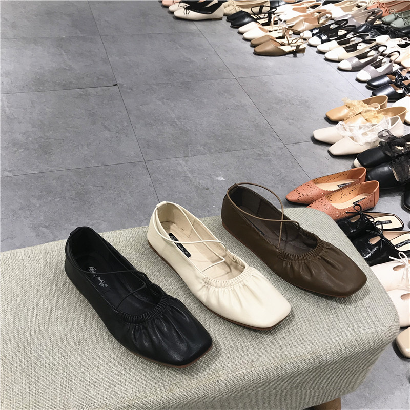 RUFFLED GRANNY SHOES WOMENS VERSATILE VINTAGE SOFT-SOLED SQUARE-TOE MARY JANE SHOES CROSS-STRAP LACE-UP BALLET FLATS