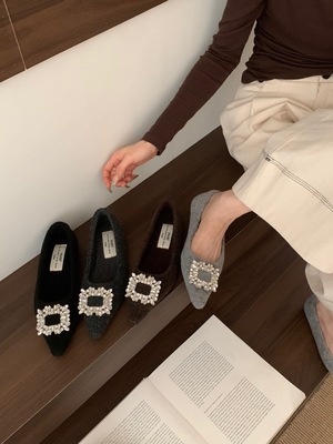 时尚气质名媛水钻方扣平底毛呢单鞋浅口加绒保暖棉鞋女秋冬奶奶鞋