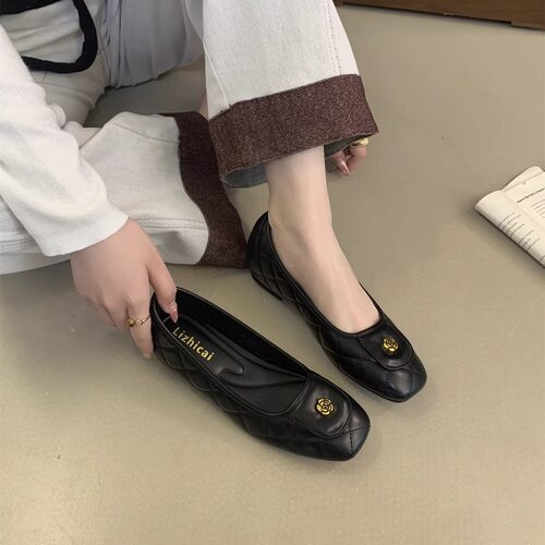 小香风山茶花内增高浅口芭蕾鞋